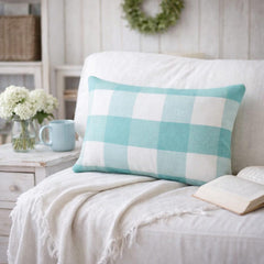 Aqua Plaid Play - Aqua Blue Cotton Lumbar Cushion Cover