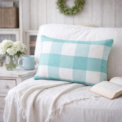 Aqua Plaid Play - Aqua Blue Cotton Lumbar Cushion Cover