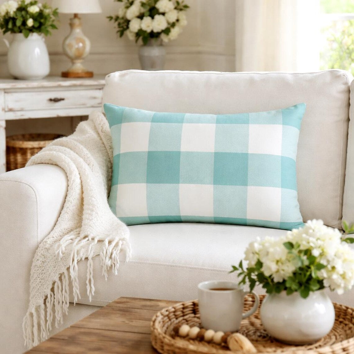 Aqua Plaid Play - Aqua Blue Cotton Lumbar Cushion Cover