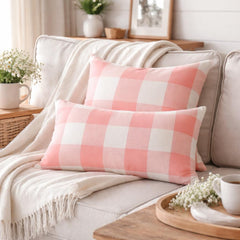 Peach Pink Plaid Play - Pink Cotton Lumbar Cushion Cover