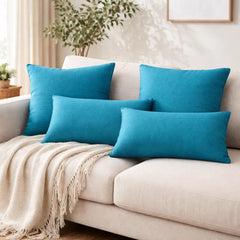 Set of 2 Turquoise Blue Linen Throw / Lumbar Cushion Cover - Turquoise Linen