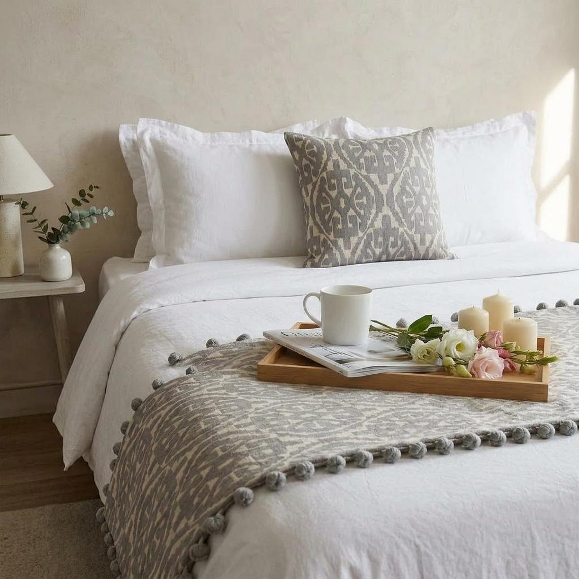 Cotton Grey Decorative Bed Runner and Cushion Cover - Grey Aztec