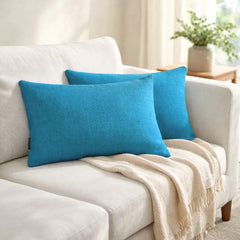 Set of 2 Turquoise Blue Linen Throw / Lumbar Cushion Cover - Turquoise Linen