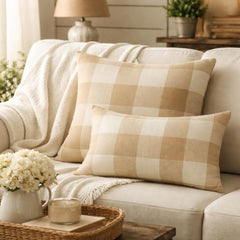 Beige Plaid Play - Beige Cotton Lumbar Cushion Cover
