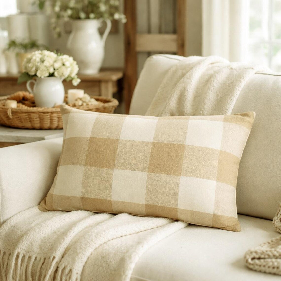 Beige Plaid Play - Beige Cotton Lumbar Cushion Cover