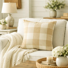 Beige Plaid - Beige Cotton Decorative Euro Sham