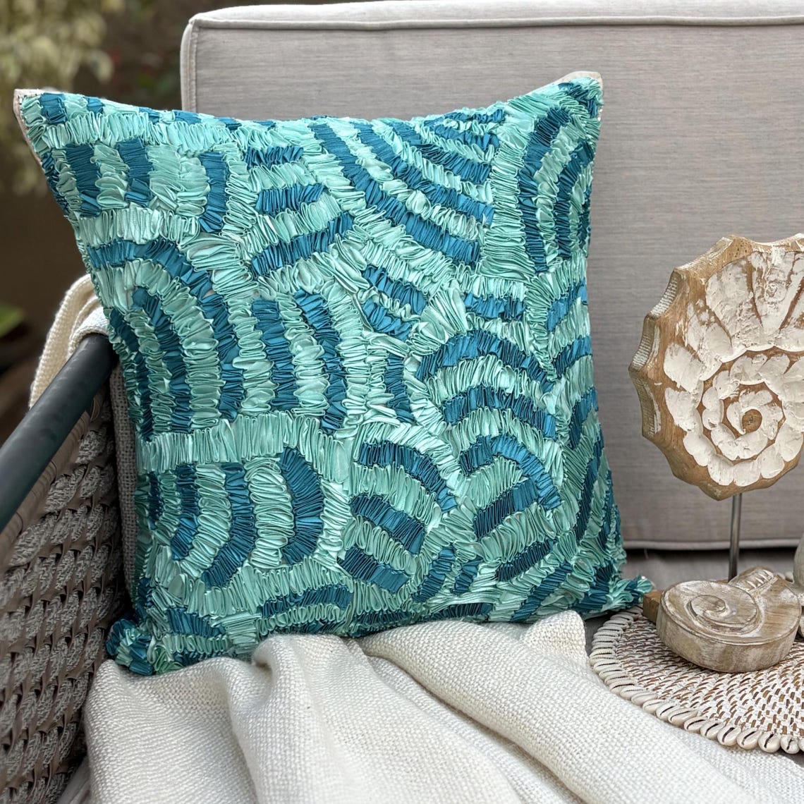 Aqua Ripples Ribbon Throw Cushion Cover