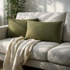 Set of 2 Olive Green Linen Throw / Lumbar Cushion Cover - Olive Green Linen
