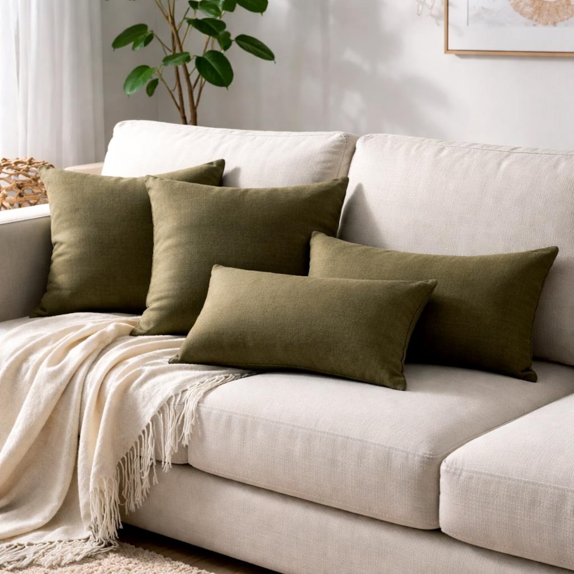 Olive Green Linen Throw Cushion Cover