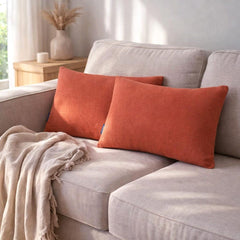 Set of 2 Coral Orange Linen Throw / Lumbar Cushion Cover - Coral Orange Linen