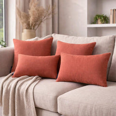 Set of 2 Coral Orange Linen Throw / Lumbar Cushion Cover - Coral Orange Linen