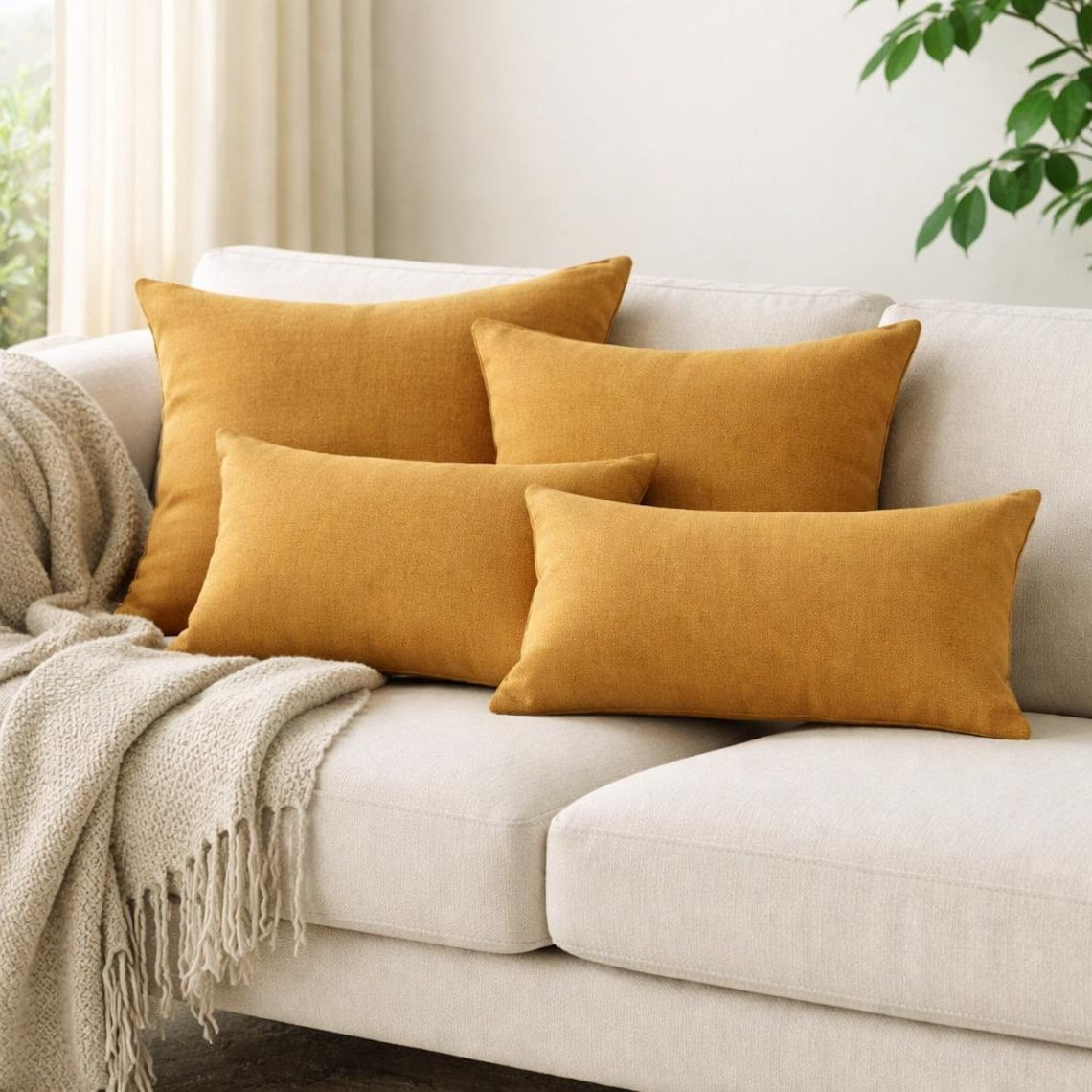 Ochre Linen Throw Cushion Cover