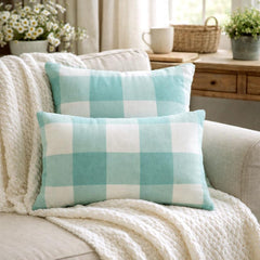 Aqua Plaid Play - Aqua Blue Cotton Lumbar Cushion Cover