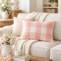 Peach Pink Plaid Play - Pink Cotton Lumbar Cushion Cover