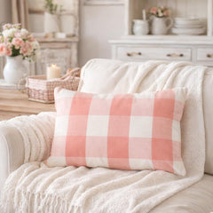 Peach Pink Plaid Play - Pink Cotton Lumbar Cushion Cover