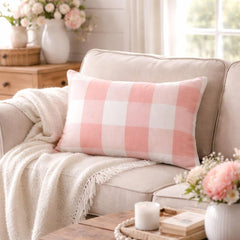 Peach Pink Plaid Play - Pink Cotton Lumbar Cushion Cover