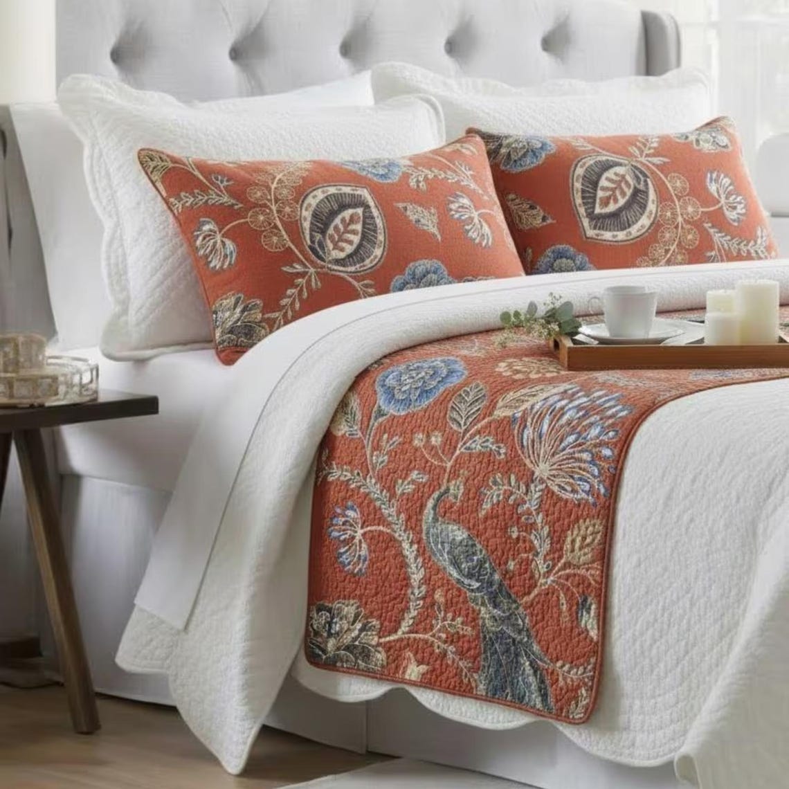 Linen Rust or Orange Decorative Bed Runner and Cushion Cover - Peacock Soiree