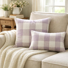 Lavender Plaid Play - Lavender Cotton Lumbar Cushion Cover