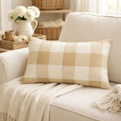Beige Plaid Play - Beige Cotton Lumbar Cushion Cover