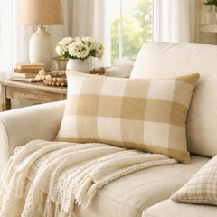 Beige Plaid Play - Beige Cotton Lumbar Cushion Cover