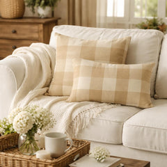 Beige Plaid - Beige Cotton Decorative Euro Sham
