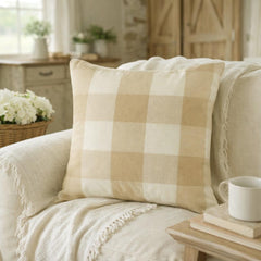 Beige Plaid - Beige Cotton Decorative Euro Sham