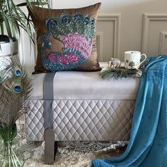Blue Peacock - Brown Art Silk Throw Pillow Cover