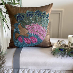 Blue Peacock - Brown Art Silk Throw Pillow Cover