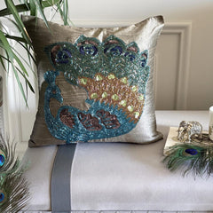 Taupe Green Peacock - Taupe Green Art Silk Decorative Euro Sham