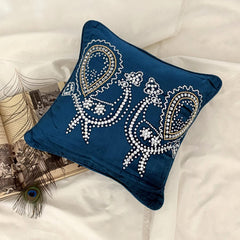 Peacock Deco - Blue Velvet Throw Pillow Cover