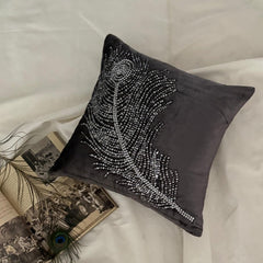 Peacock Bliss - Gray Velvet Throw Pillow Cover