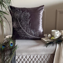 Peacock Bliss - Gray Velvet Throw Pillow Cover