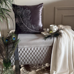 Peacock Bliss - Gray Velvet Throw Pillow Cover