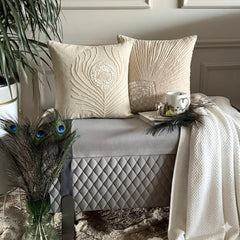 Pearly Peacock Feather - Natural Beige Cotton Linen Decorative Euro Sham