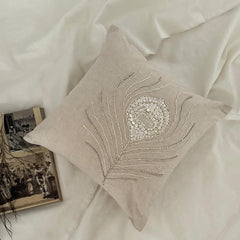 Pearly Peacock Feather - Natural Beige Cotton Linen Throw Pillow Cover