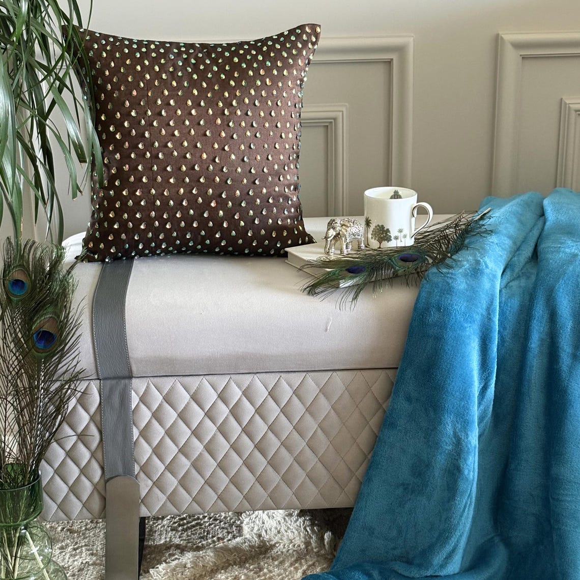Persian Peacock Brown Throw Pillow Cover