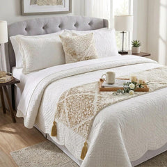 Mabel Ivory - Velvet Ivory Decorative Bed Runner and Cushion Cover