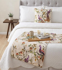 Peacock Queen - Cotton Printed with Beads Ivory & Multicolor Decorative Bed Runner and Cushion Cover