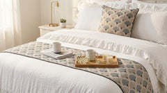 Flourish Bloom - Cotton Blue & Grey Decorative Bed Runner and Cushion Cover