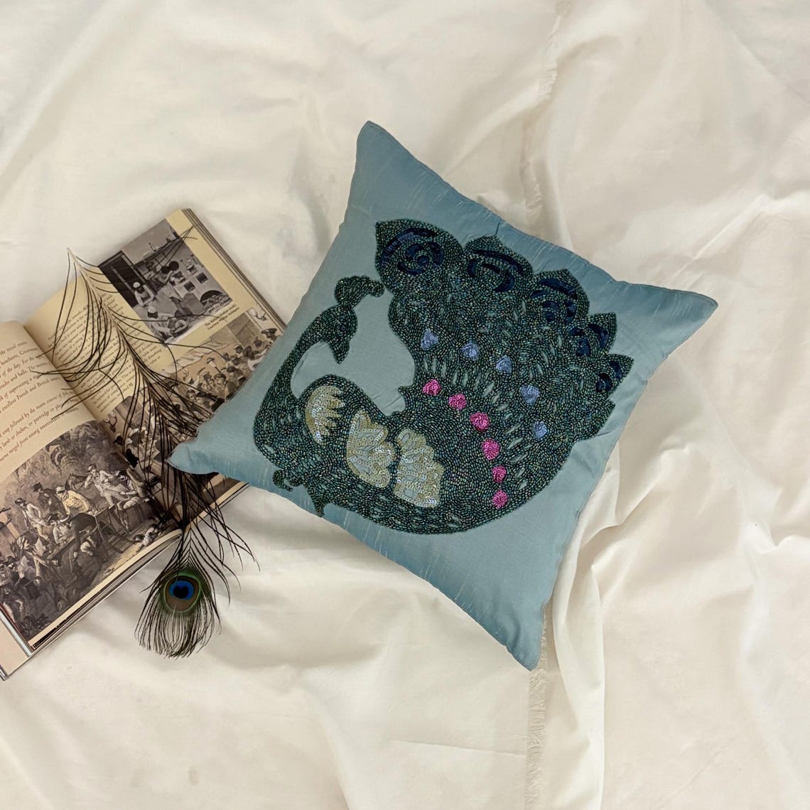 Peacock Glam Beaded Throw Pillow Cover