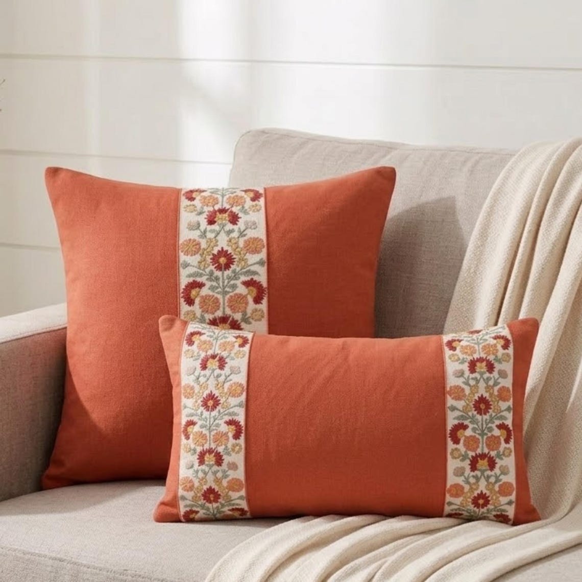 Coral Orange Linen Throw Cushion Cover - Coral Blossom