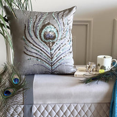 Peacock Feather - Silver Art Silk Decorative Euro Sham