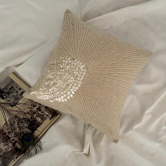 Peacock Pearls - Natural Beige Cotton Linen Throw Pillow Cover