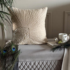 Peacock Pearls - Natural Beige Cotton Linen Throw Pillow Cover