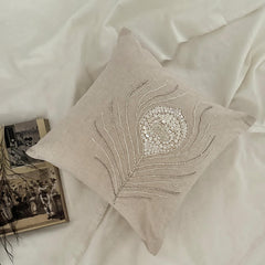 Pearly Peacock Feather - Natural Beige Cotton Linen Decorative Euro Sham