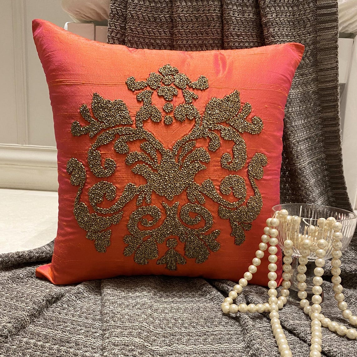 Damask Silk Pink Throw Cushion Cover