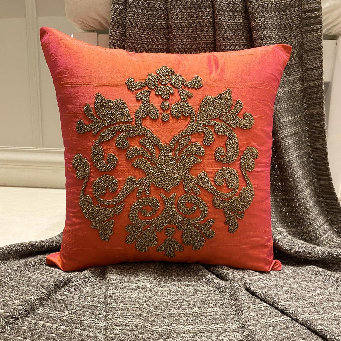 Damask Silk Pink Throw Pillow Cover
