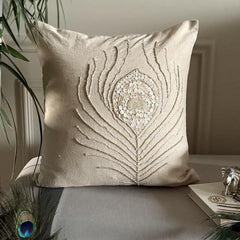 Pearly Peacock Feather - Natural Beige Cotton Linen Throw Pillow Cover