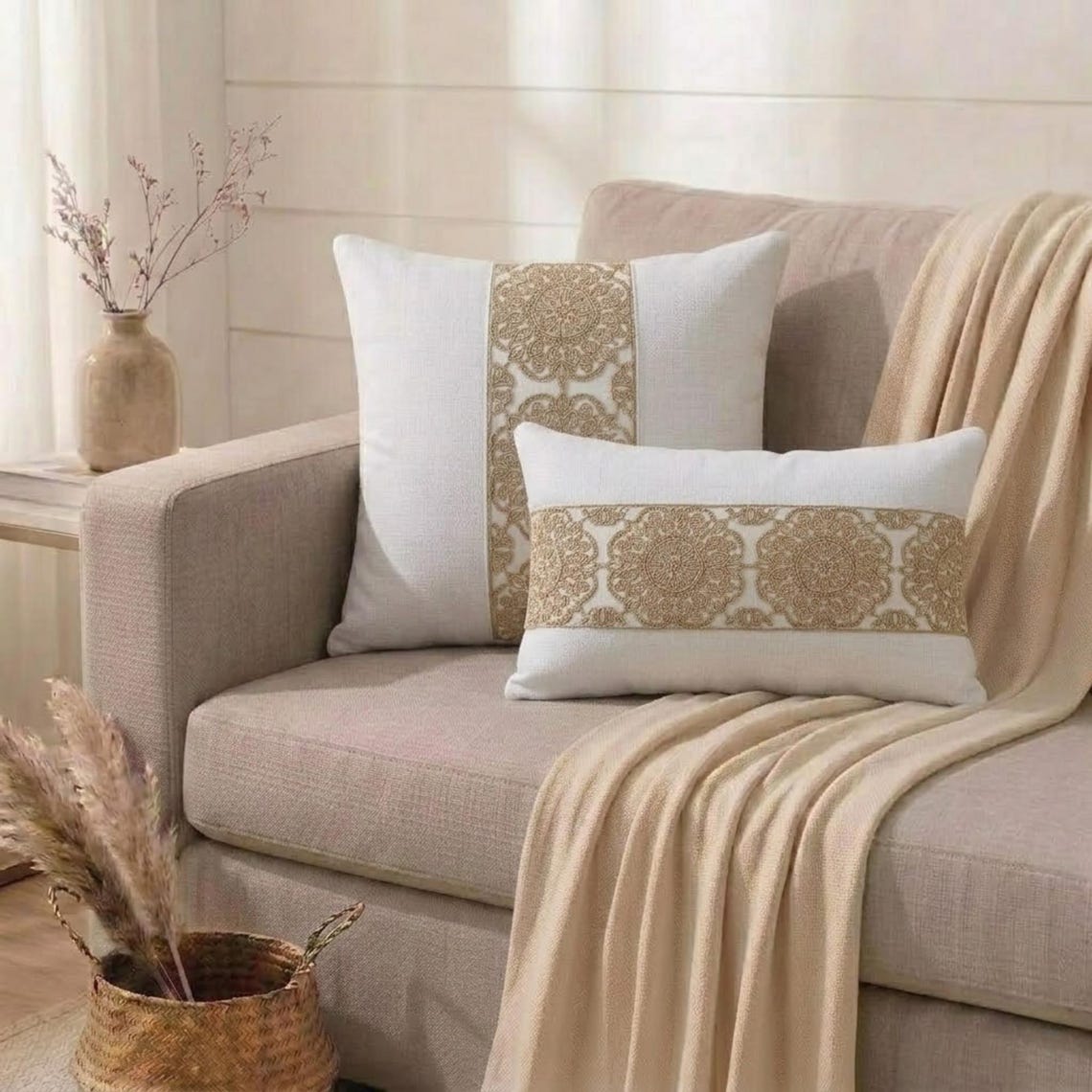 White Linen Throw Cushion Cover - Ivora Mandala