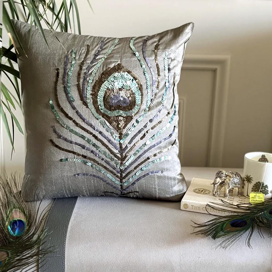 Peacock Feather - Silver Art Silk Decorative Euro Sham